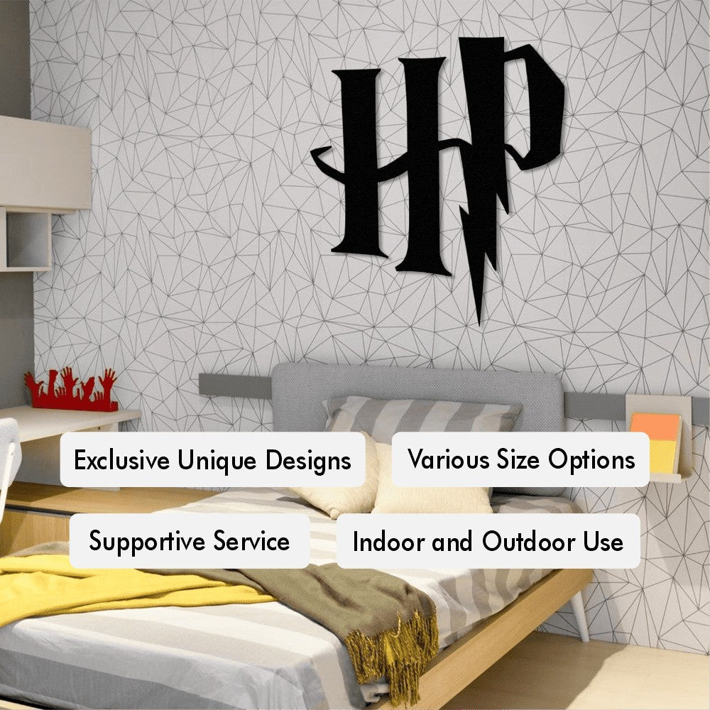 A black metal wall art featuring the iconic Harry Potter lightning bolt symbol. The image shows the wall art hanging above a bed, with additional text describing its features: Exclusive Unique Designs, Various Size Options, Supportive Service, Indoor and Outdoor Use.