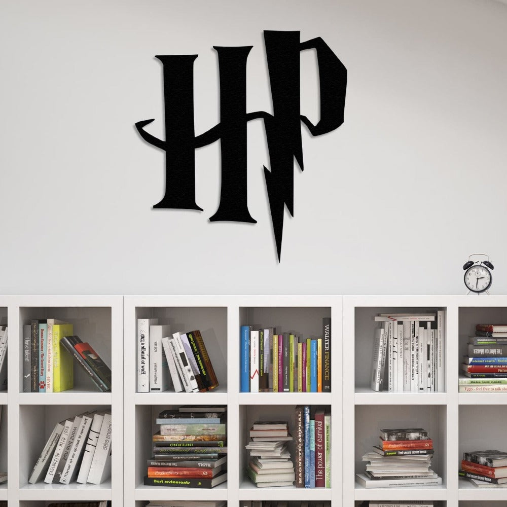 Harry Potter-inspired metal wall art featuring the iconic "HP" logo with a lightning bolt design, mounted above a white bookcase filled with various books, creating a cozy and thematic display.