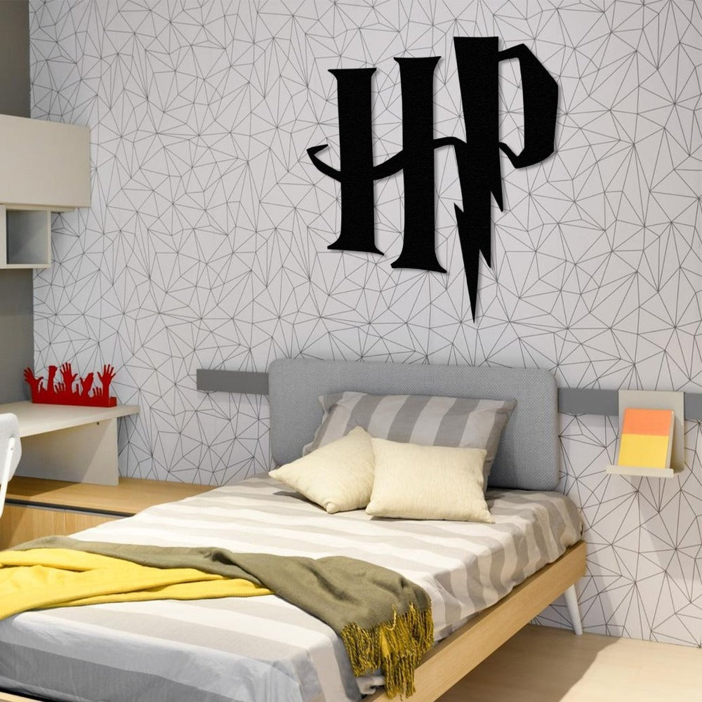 Black Harry Potter "HP" metal logo with a lightning bolt design mounted above a bed with striped bedding in a modern bedroom.