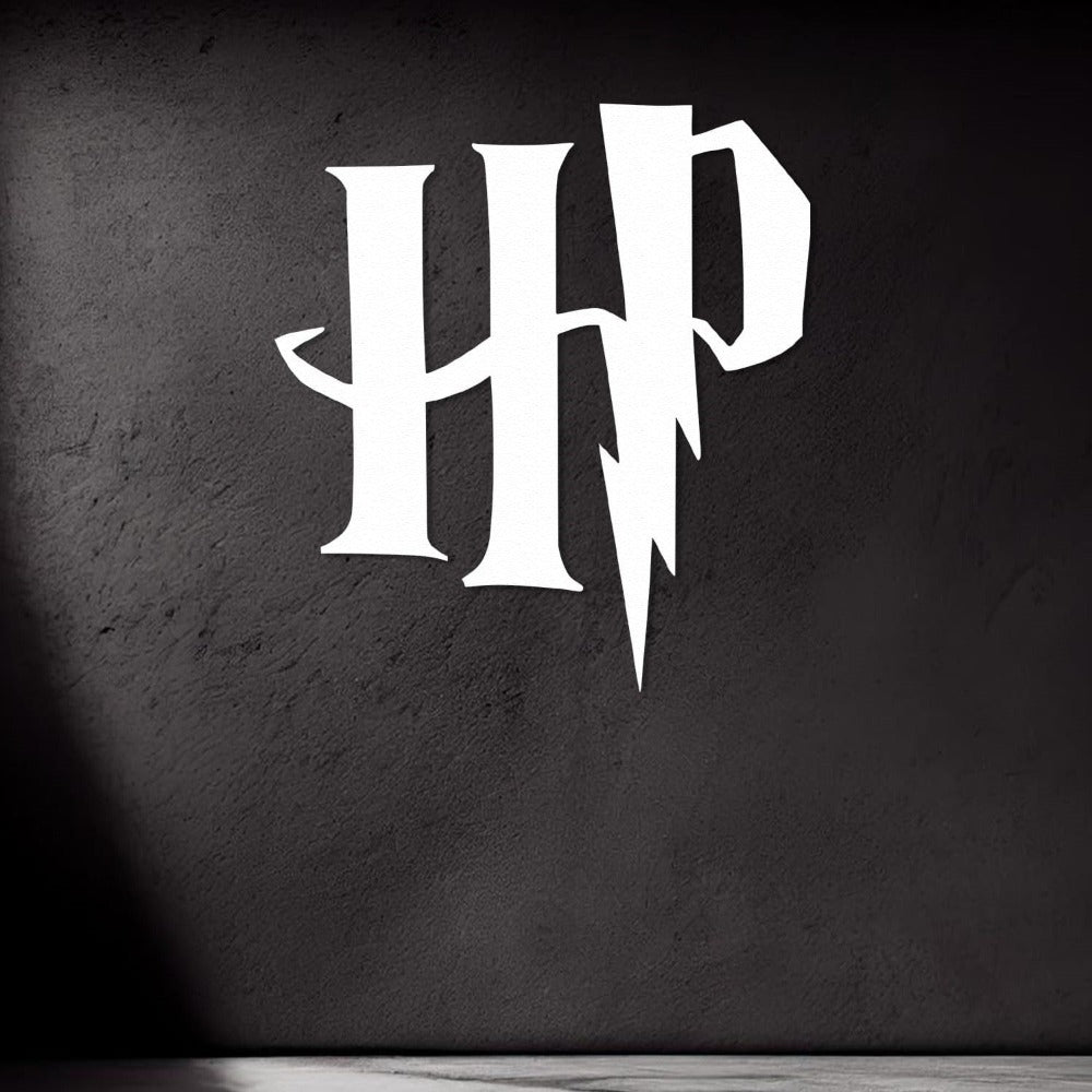 White Harry Potter "HP" metal logo with a striking lightning bolt design mounted on a textured black wall.