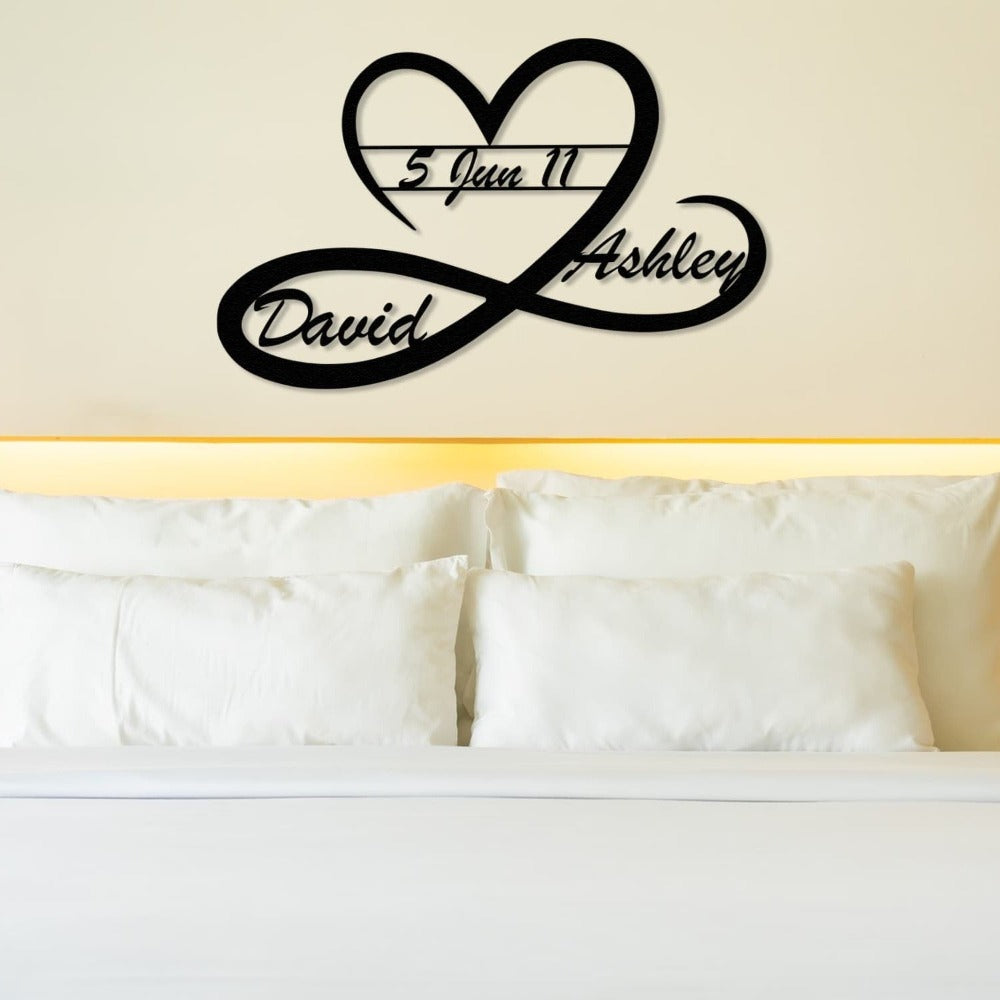 heart and infinity custom metal wall art above bed decor