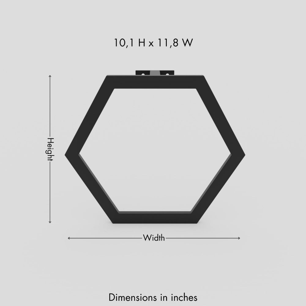 Dimensions of a black hexagon-shaped towel ring in inches, showing height and width measurements for clear sizing details.