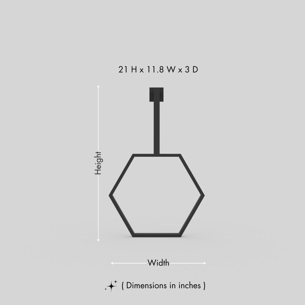 A detailed diagram of a hexagonal towel ring in black finish, indicating dimensions as 21 inches in height, 11.8 inches in width, and 3 inches in depth.