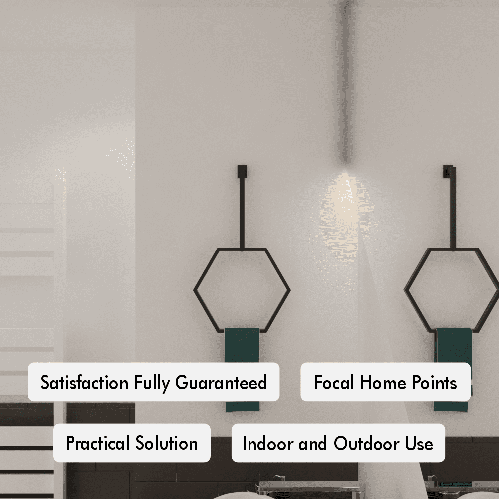 Hexagonal towel rings mounted on a bathroom wall, paired with overlayed feature text such as "satisfaction fully guaranteed" and "practical solution," emphasizing its benefits.