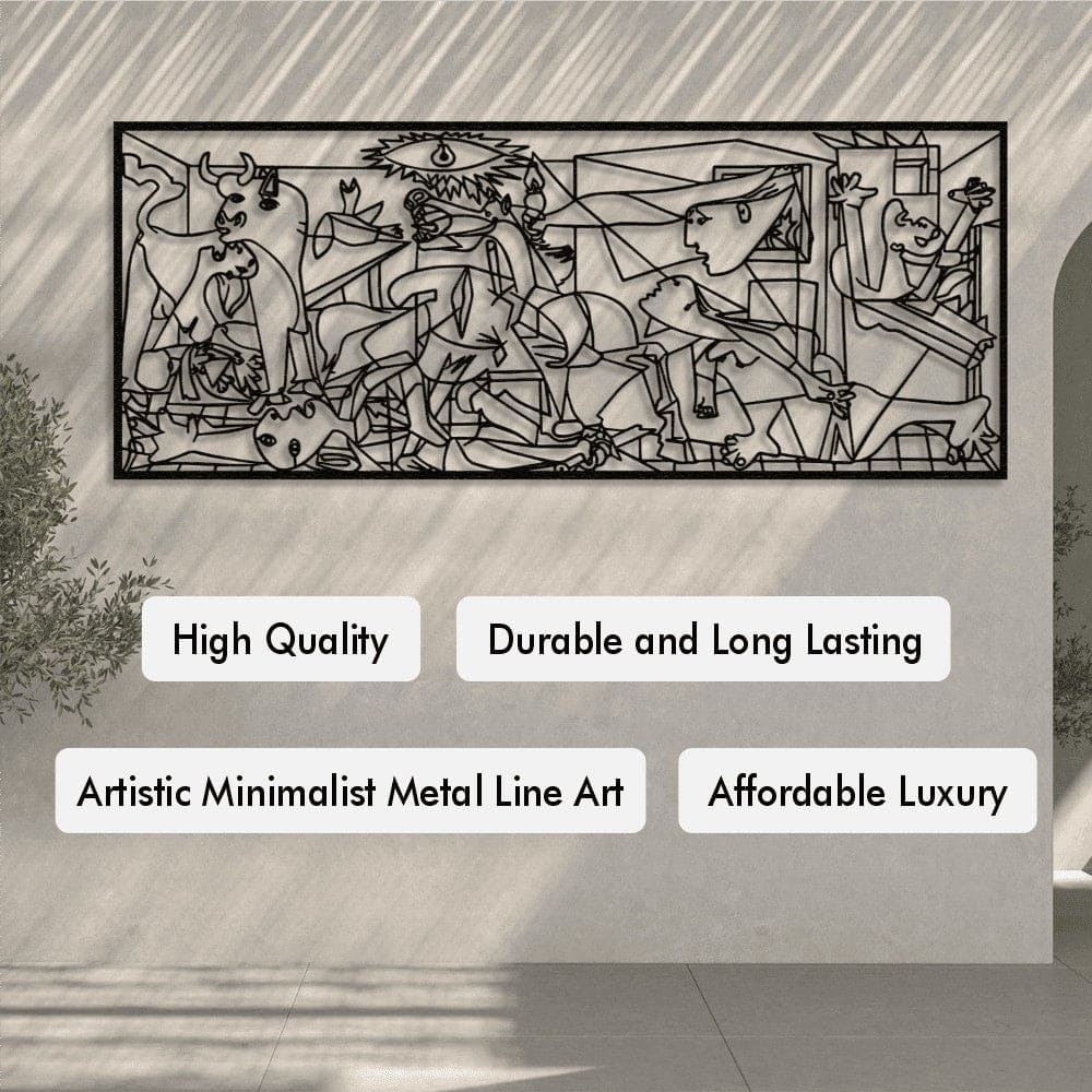 Large black metal wall art, Pablo Picasso's Guernica, displayed on a light-colored wall in a sunlit room, with key features highlighted: 'High Quality,' 'Durable and Long Lasting,' 'Artistic Minimalist Metal Line Art,' and 'Affordable Luxury.'