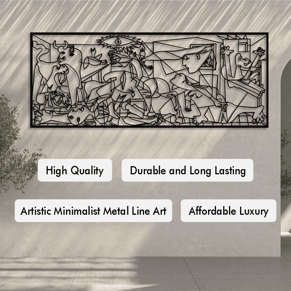 High quality, durable and long-lasting, artistic minimalist metal line art of Guernica by Pablo Picasso, offering affordable luxury.