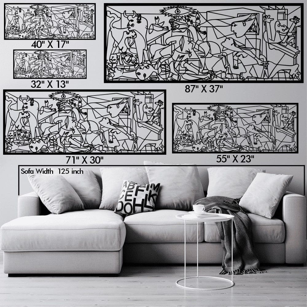 Large black metal wall art, Pablo Picasso's Guernica, displayed above a modern sofa. Sizes range from 32x13 inches to 87x37 inches, with dimensions labeled next to each artwork, and a sofa width of 125 inches for scale.