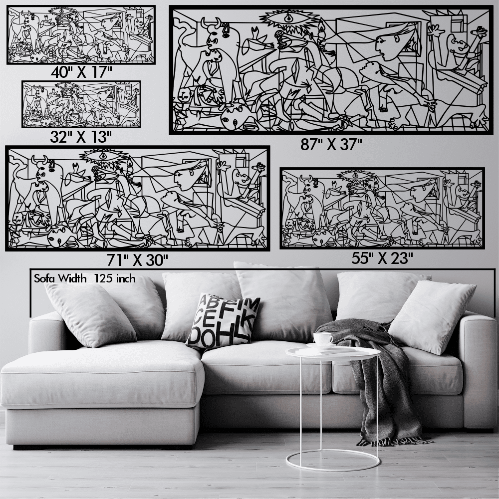 Various sizes of high-quality, durable, and long-lasting artistic minimalist metal line art of Guernica by Pablo Picasso displayed above a sofa for scale, including dimensions: 40" x 17", 32" x 13", 87" x 37", 71" x 30", and 55" x 23".