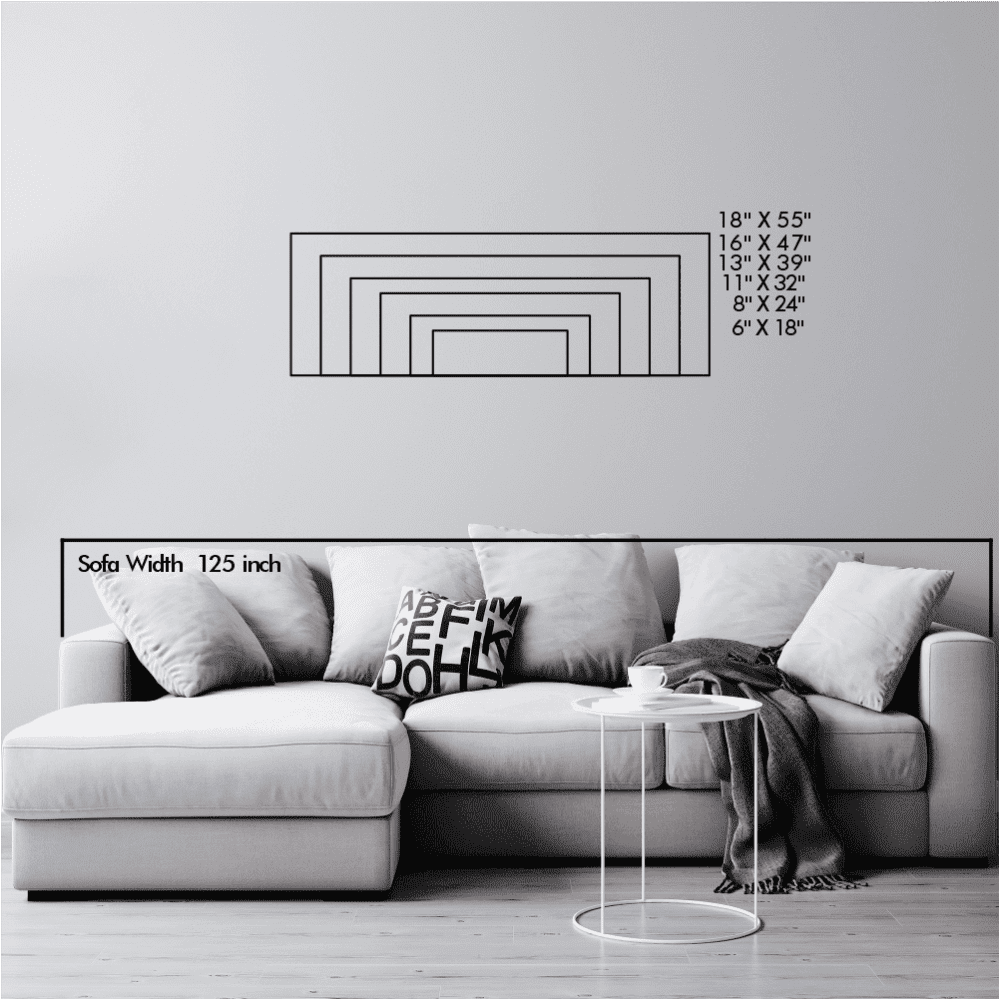 Size chart for horizontal metal wall art displaying dimensions ranging from 6"x18" to 18"x55" above a sofa, with the sofa width noted as 125 inches for scale reference in a modern living room setup.