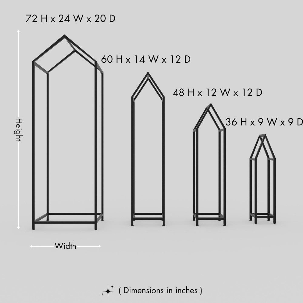 Four variations of house-shaped firewood racks displayed with height and dimension specifications in inches, showcasing minimalist and functional designs.