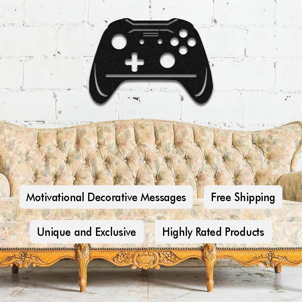 Video game controller-shaped metal wall art on a white brick wall above a vintage floral sofa, labels featuring motivational decorative messages, free shipping, unique and exclusive designs, and highly rated products.