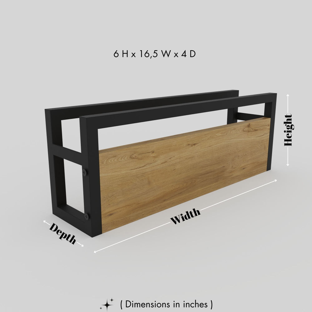 A detailed render of a slipper rack with labeled dimensions, showcasing its 6-inch height, 16.5-inch width, and 4-inch depth, ideal for compact storage.