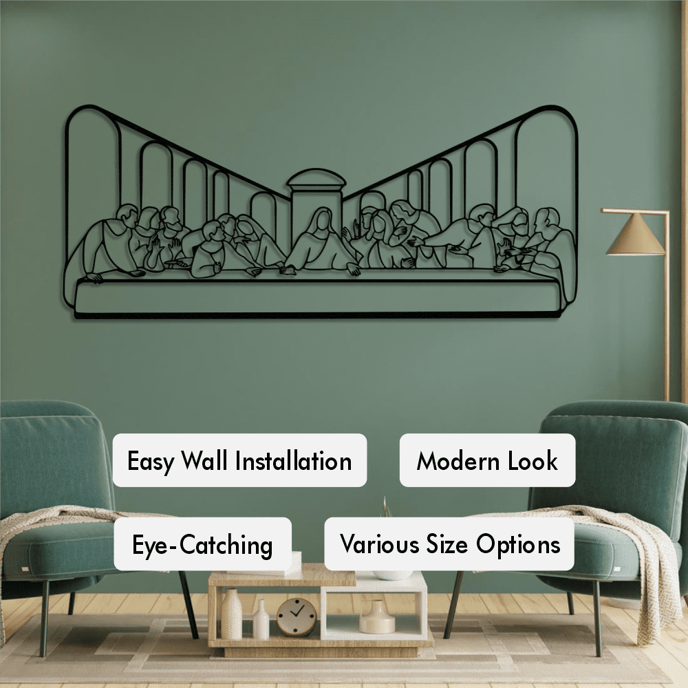 lack metal wall art featuring "The Last Supper" scene, mounted on a sage green wall above a modern coffee table flanked by two green armchairs. The text highlights features: Easy Wall Installation, Modern Look, Eye-Catching, and Various Size Options.