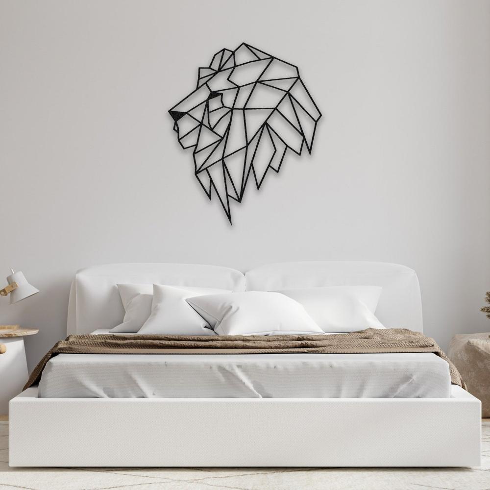 A geometric lion head metal wall art placed above a modern bed with white bedding and warm lighting, creating a serene bedroom vibe.