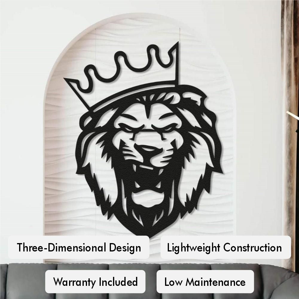 Crowned lion's head silhouette metal wall art on a white textured backdrop with labels stating: Three-Dimensional Design, Lightweight Construction, Warranty Included, Low Maintenance.