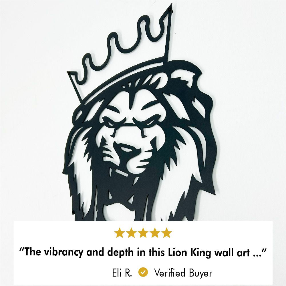 Stylized black lion silhouette with a crown metal wall art, accompanied by a five-star review reading: "The vibrancy and depth in this Lion King wall art..." by Eli R., a verified buyer.