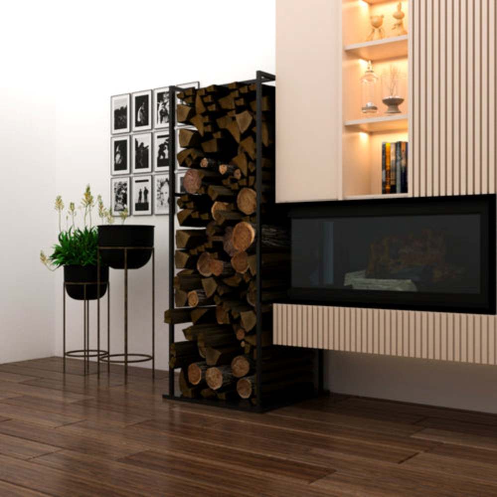 A black metal firewood rack fully loaded with neatly arranged logs, positioned next to a modern fireplace in a stylish living room. The space features wooden floors, decorative plants, a gallery wall with black-and-white photos, and illuminated shelves.