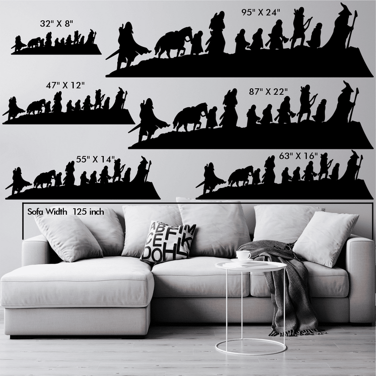 Lord of the Rings silhouette metal wall art home decor featuring the Fellowship, displayed in various sizes above a sofa for scale, including dimensions: 32" x 8", 47" x 12", 55" x 14", 63" x 16", 87" x 22", and 95" x 24".