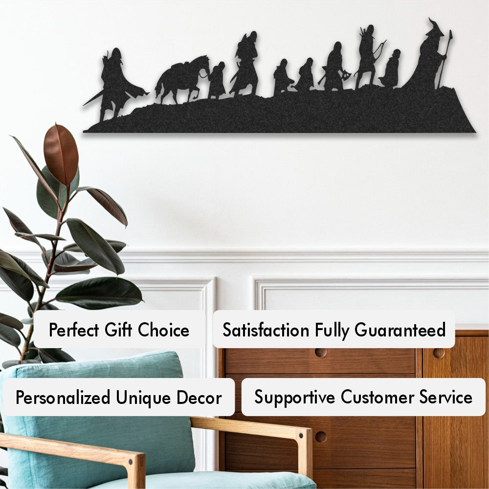 Silhouette metal wall art inspired by The Lord of the Rings, featuring a group of characters walking in a line. Displayed in a modern room with elegant decor, the wall art is promoted with key highlights such as "Perfect Gift Choice," "Satisfaction Fully Guaranteed," "Personalized Unique Decor," and "Supportive Customer Service."