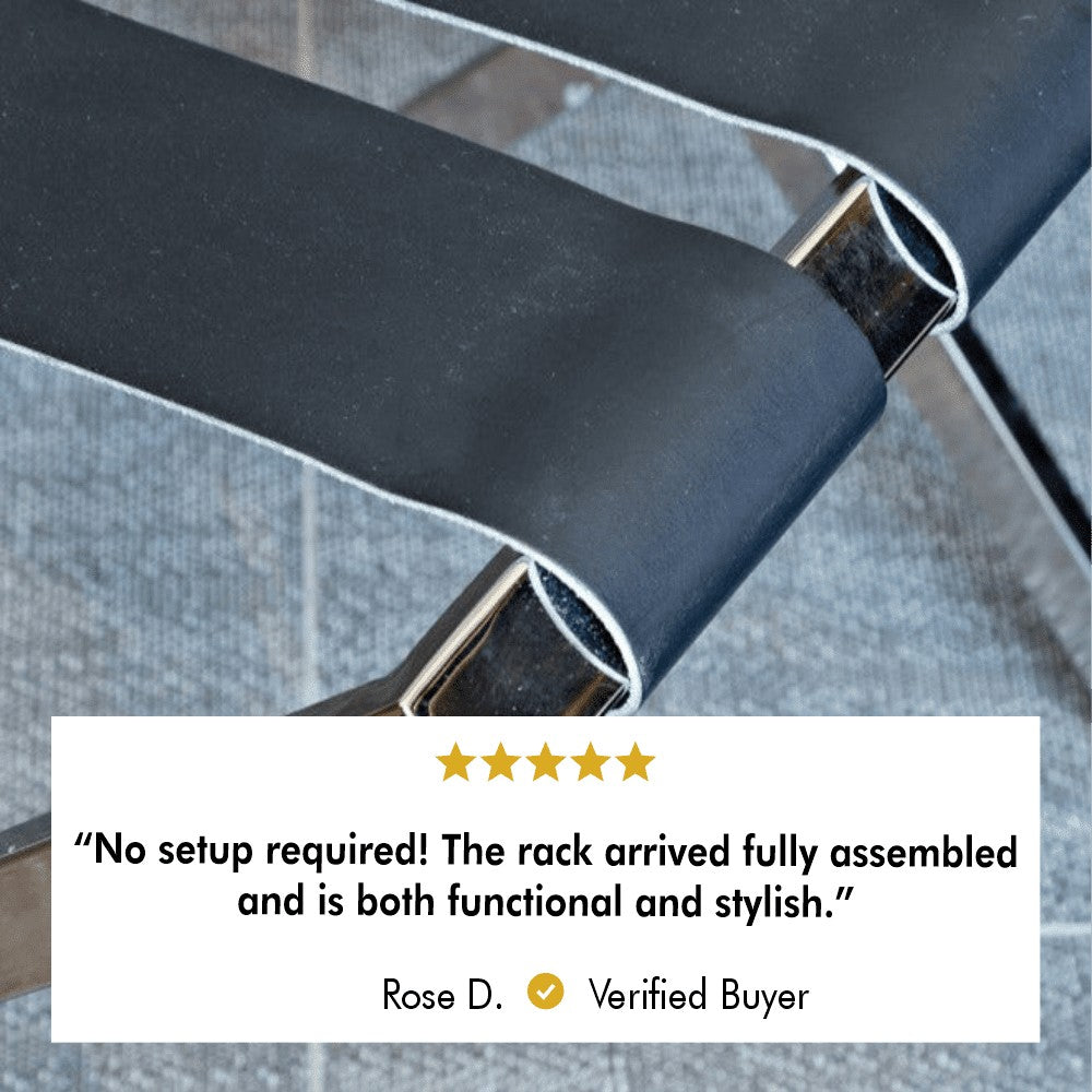 A close-up view of a foldable luggage rack's durable black straps with a 5-star customer review praising its functionality and stylish design.