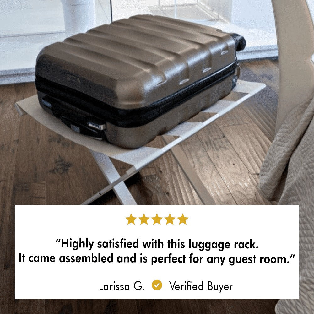 Customer review displayed with a close-up of the beige luggage rack and suitcase, highlighting user satisfaction for guest room functionality