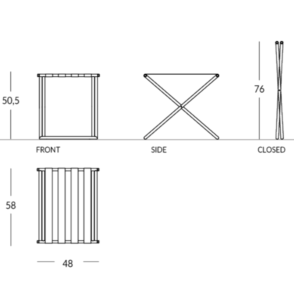 A schematic diagram showing the front, side, and folded views of a foldable metal luggage rack with precise dimensions.