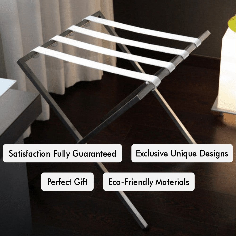 A foldable metal luggage rack with white straps showcased with key features highlighted, including satisfaction guarantee and eco-friendly materials