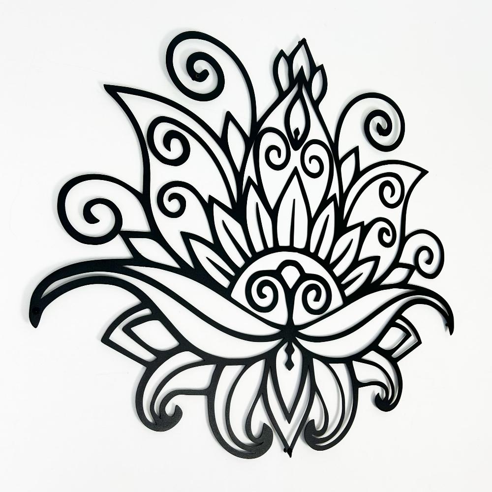 Close-up of mandala lotus metal wall art with intricate floral and swirl patterns, showcasing a bold black design on a white background.