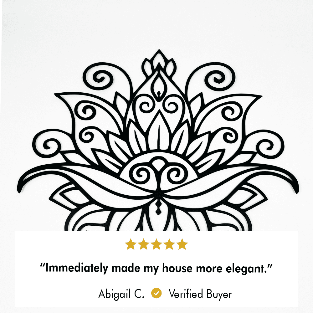 Close-up of mandala lotus metal wall art with intricate floral and swirl patterns on a white background. A 5-star customer review by Abigail C. states, "Immediately made my house more elegant."