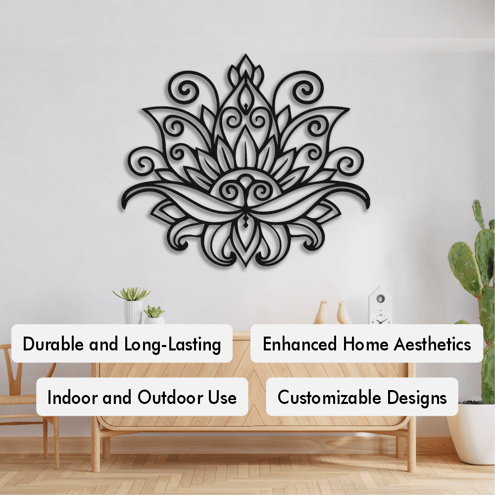 Mandala lotus metal wall art with intricate patterns mounted on a white wall above a wooden console, complemented by decorative elements like a cactus and vases. Text highlights include "Durable and Long-Lasting," "Enhanced Home Aesthetics," "Indoor and Outdoor Use," and "Customizable Designs."