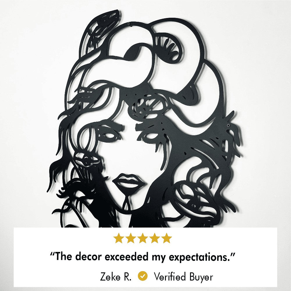 Close-up of Medusa metal wall art, with a verified buyer review praising the decor for exceeding expectations.