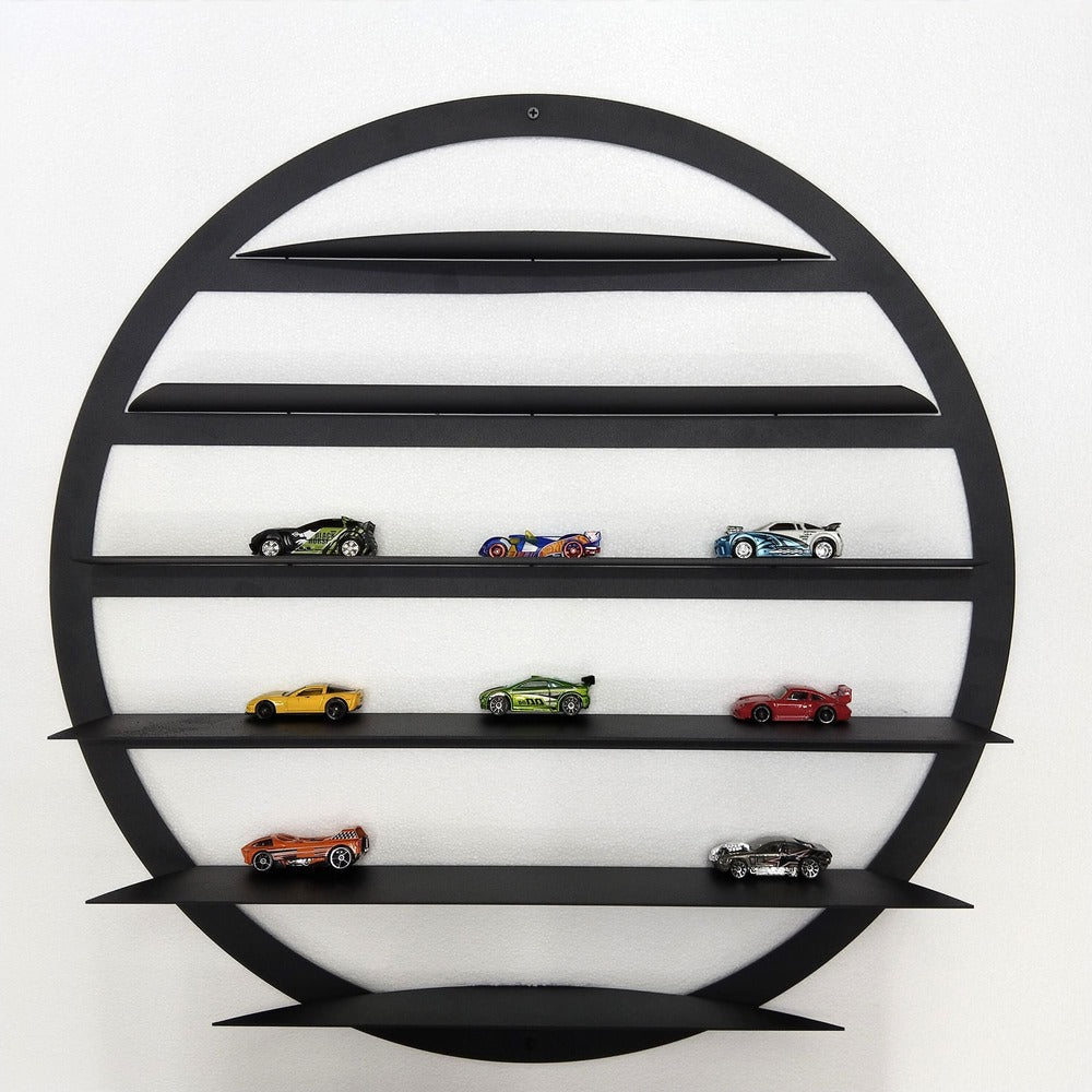 Minimalist black metal shelf with multiple tiers, perfect for scale collectible car displays.