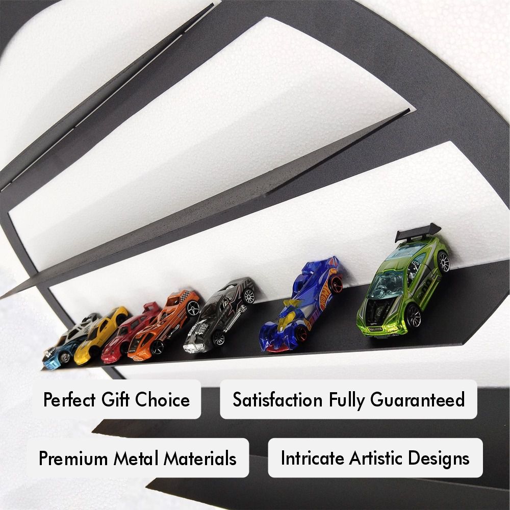 Decorative round metal shelf ideal for organizing and showcasing scale model cars on the wall.