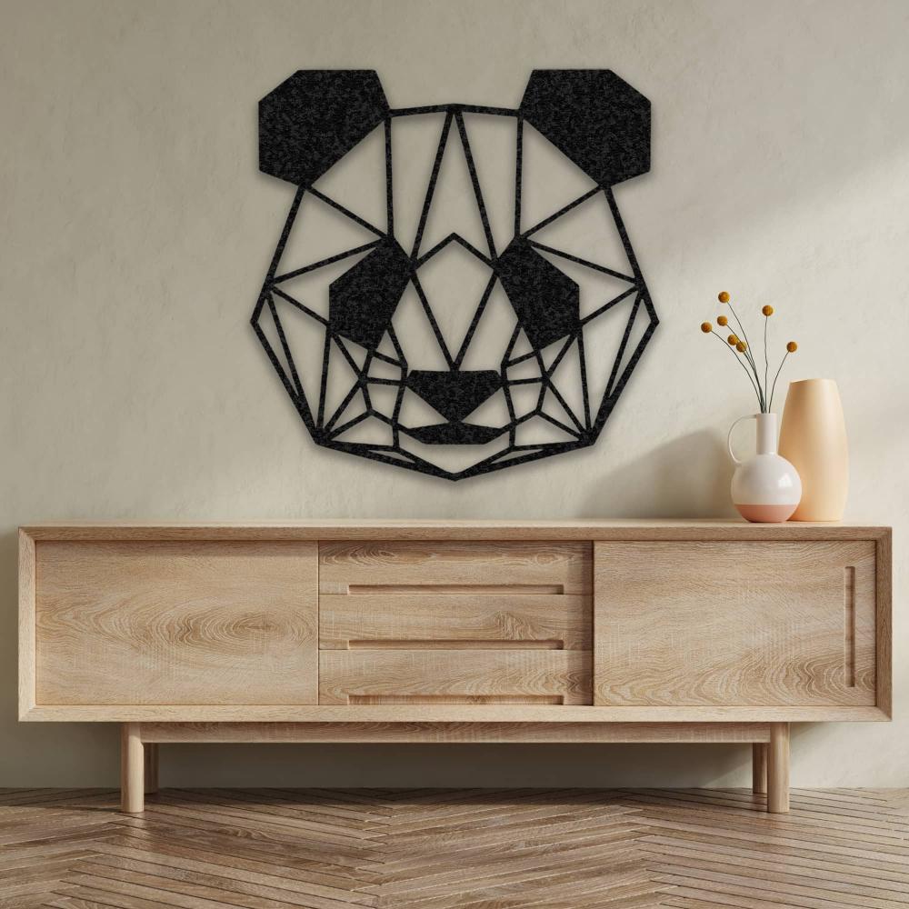 Geometric panda metal wall art with clean line design, mounted on a neutral wall above a modern wooden console table, accented with minimalist vases and a floral arrangement for a balanced and contemporary aesthetic.