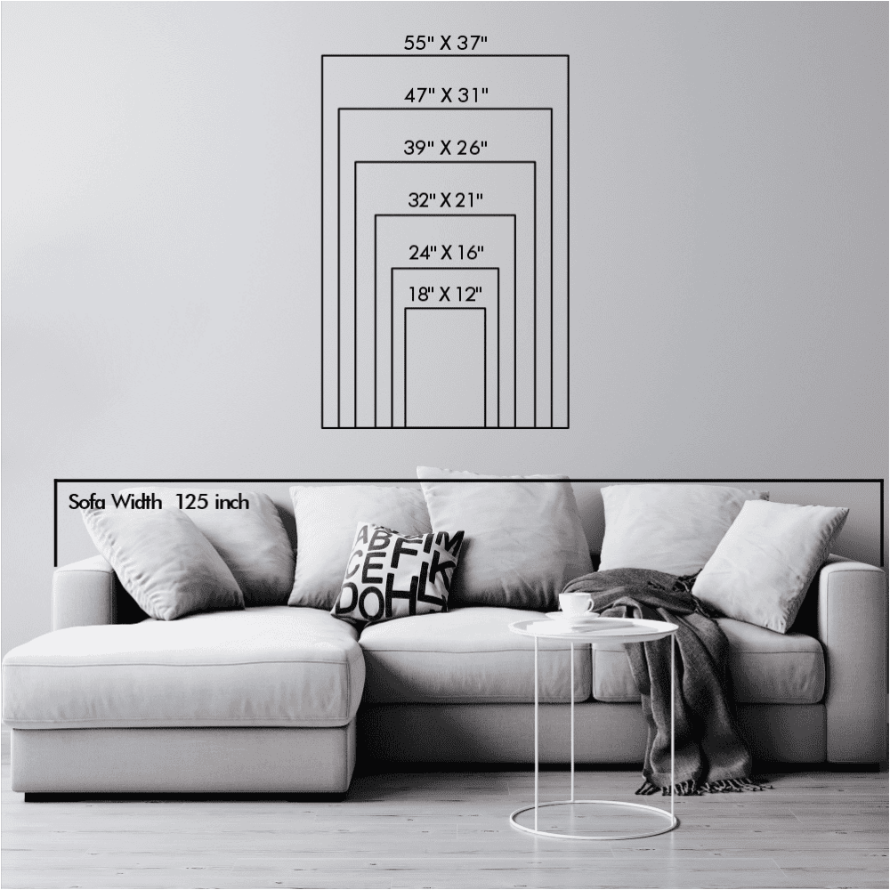 Size chart illustration with dimensions ranging from 18"x12" to 55"x37", showcasing wall art sizes above a sofa for scale reference.