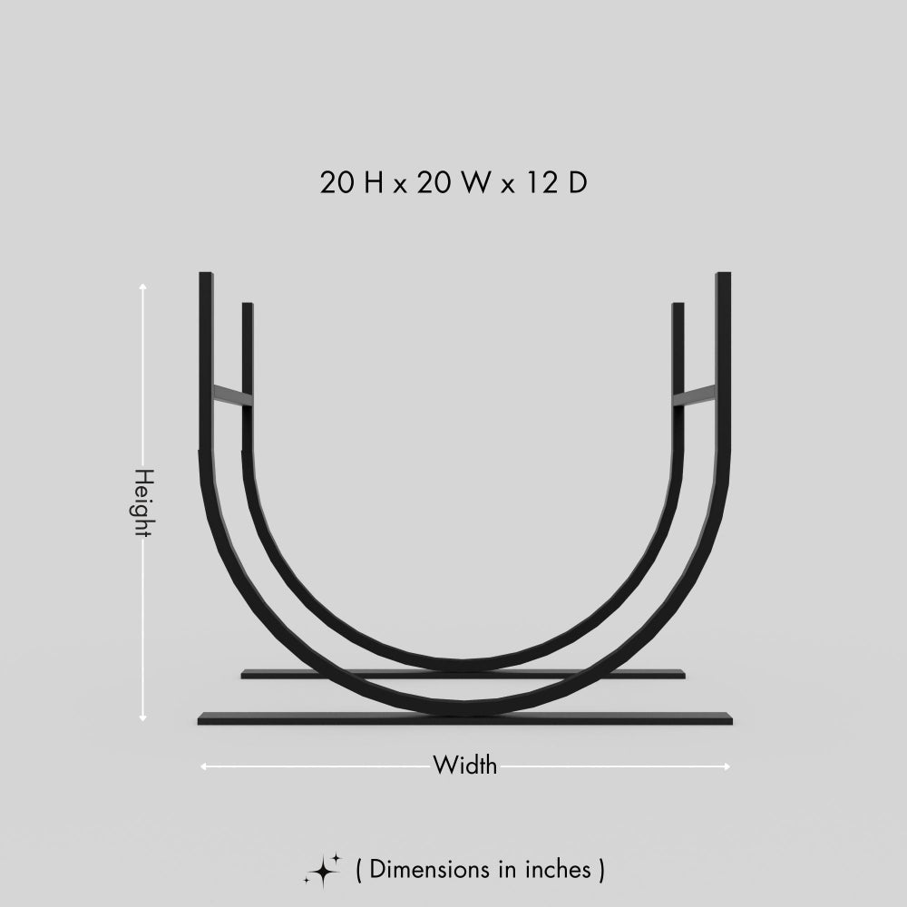 A black metal log holder with dimensions labeled as 20 inches in height, 20 inches in width, and 12 inches in depth, set against a light gray background