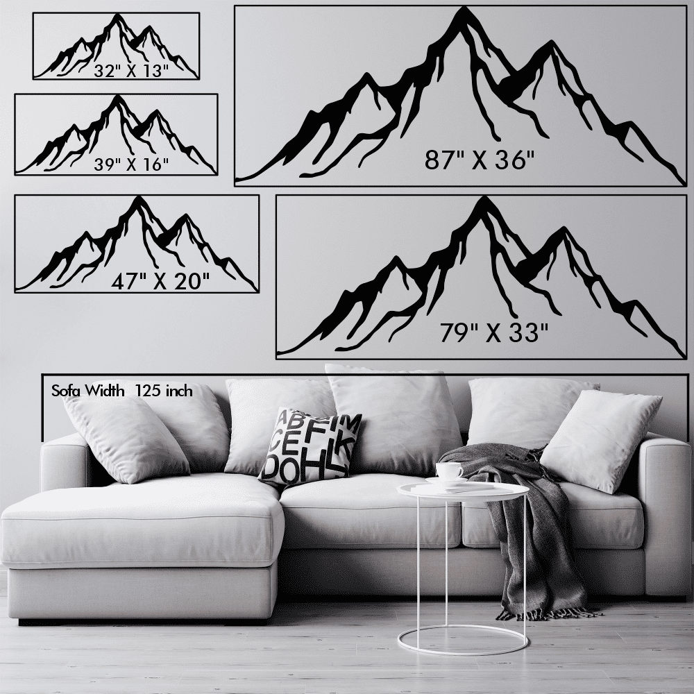 A size comparison chart for metal mountain wall decor, featuring multiple dimensions: 32"x13", 39"x16", 47"x20", 79"x33", and 87"x36". The chart is displayed above a modern sofa that is 125 inches wide, helping visualize how the different sizes of the wall art would look in relation to the furniture.