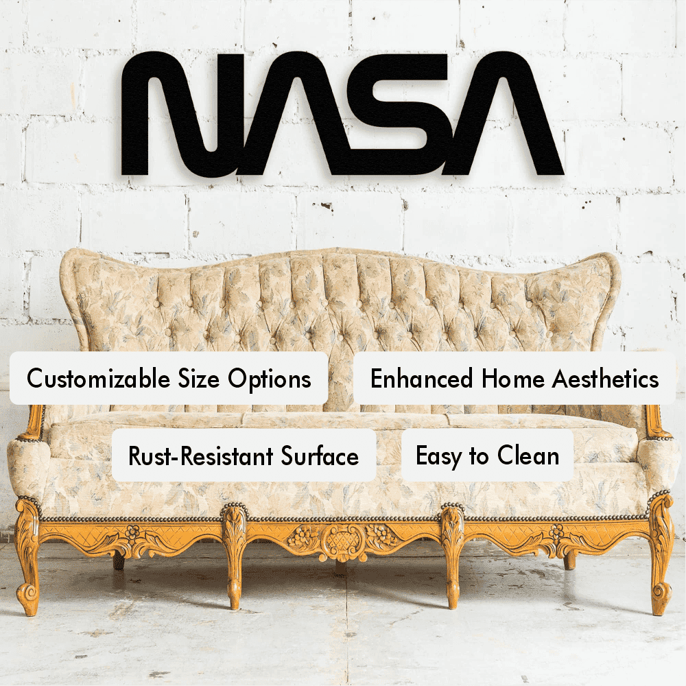 Black NASA metal wall art mounted on a white textured wall above an ornate vintage-style cream sofa with golden wood detailing. The image highlights features like customizable size options, rust-resistant surface, and enhanced home aesthetics.