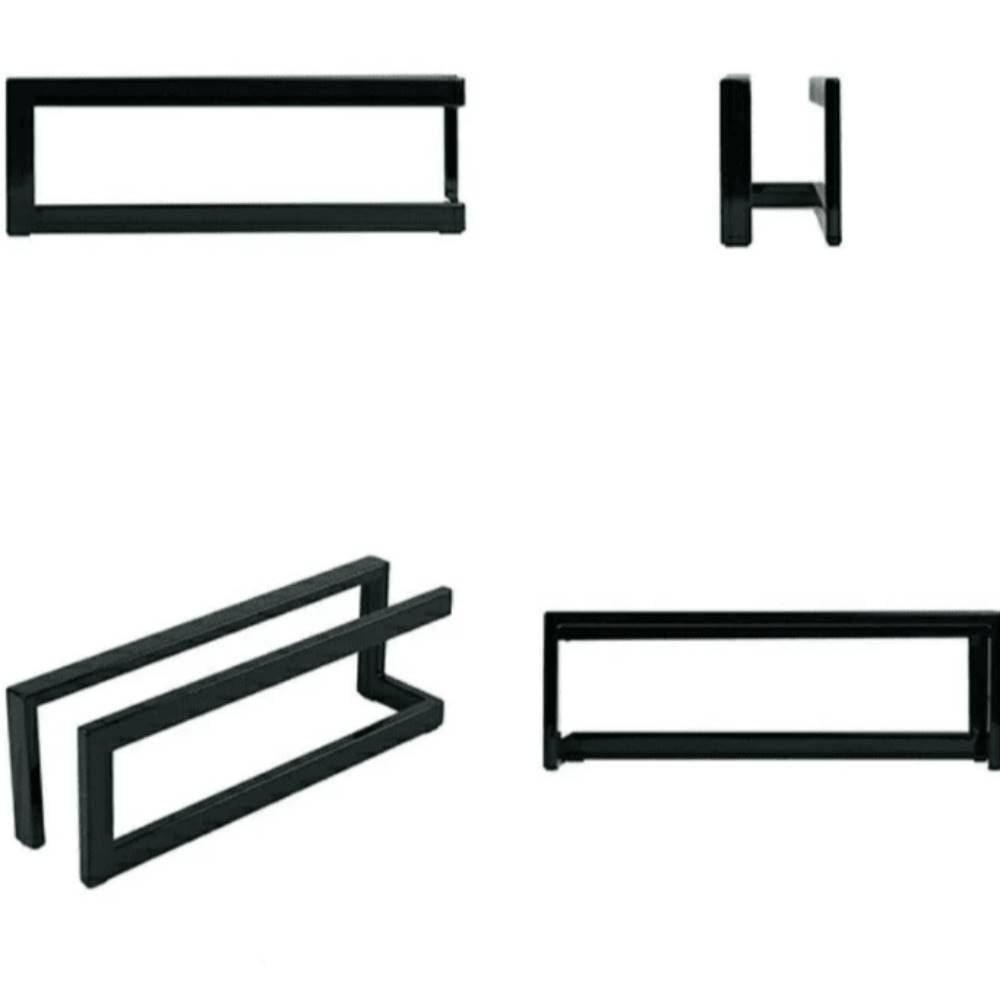 A close-up of different angles of a black metal slipper rack, showing its minimalistic and sleek design