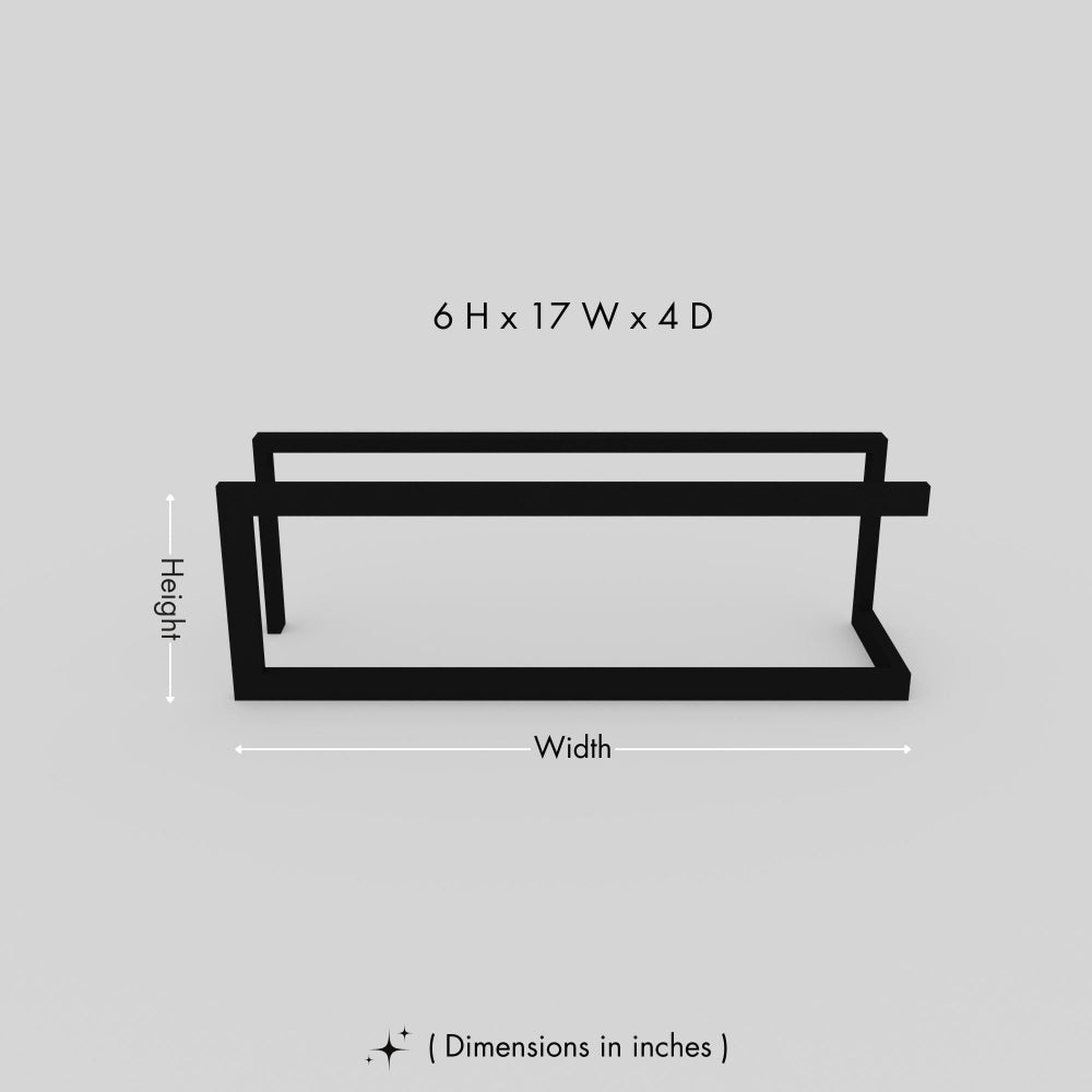 A black metal slipper and shoe rack with clean, minimalistic lines, displaying its dimensions of 6 inches in height, 17 inches in width, and 4 inches in depth against a light gray background.