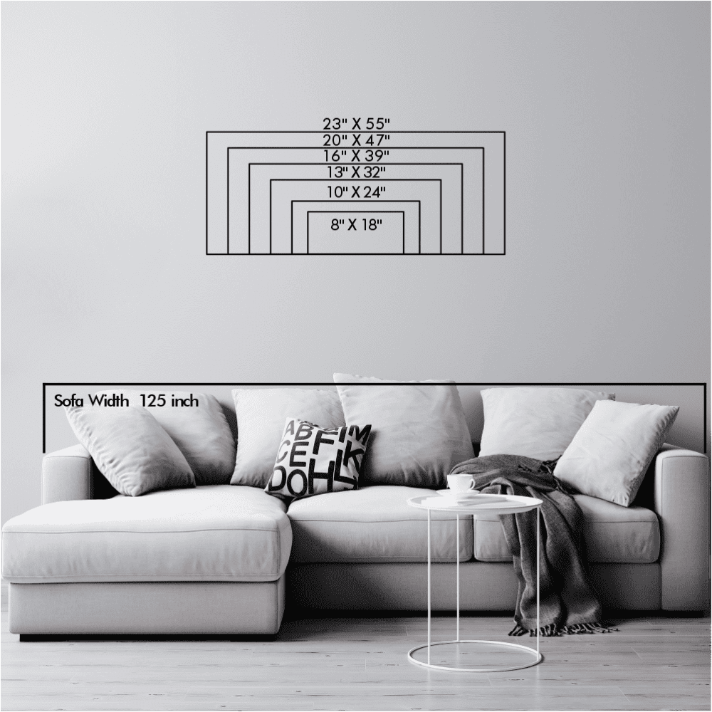 A size comparison chart for metal wall art, showcasing dimensions ranging from 8" x 18" to 23" x 55", displayed above a modern gray sofa with a width of 125 inches.