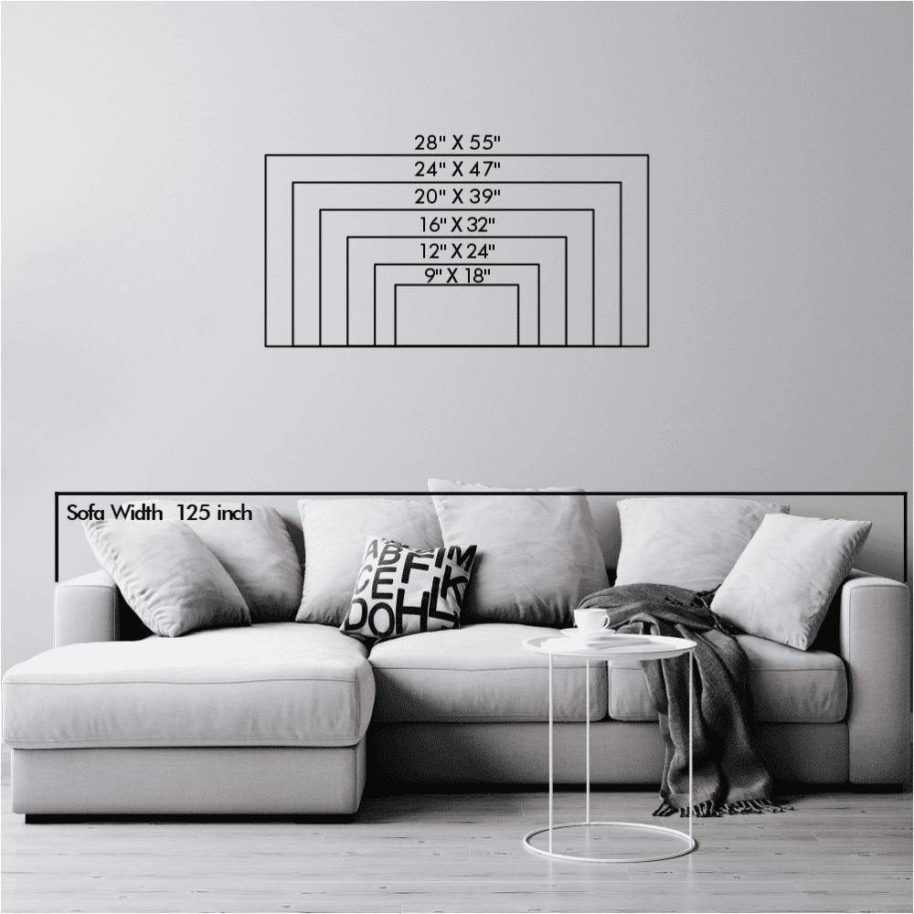 Size chart showcasing various dimensions of a metal wall art piece, displayed proportionally over a gray modern sofa with a width of 125 inches, providing a visual guide for selecting the perfect size.