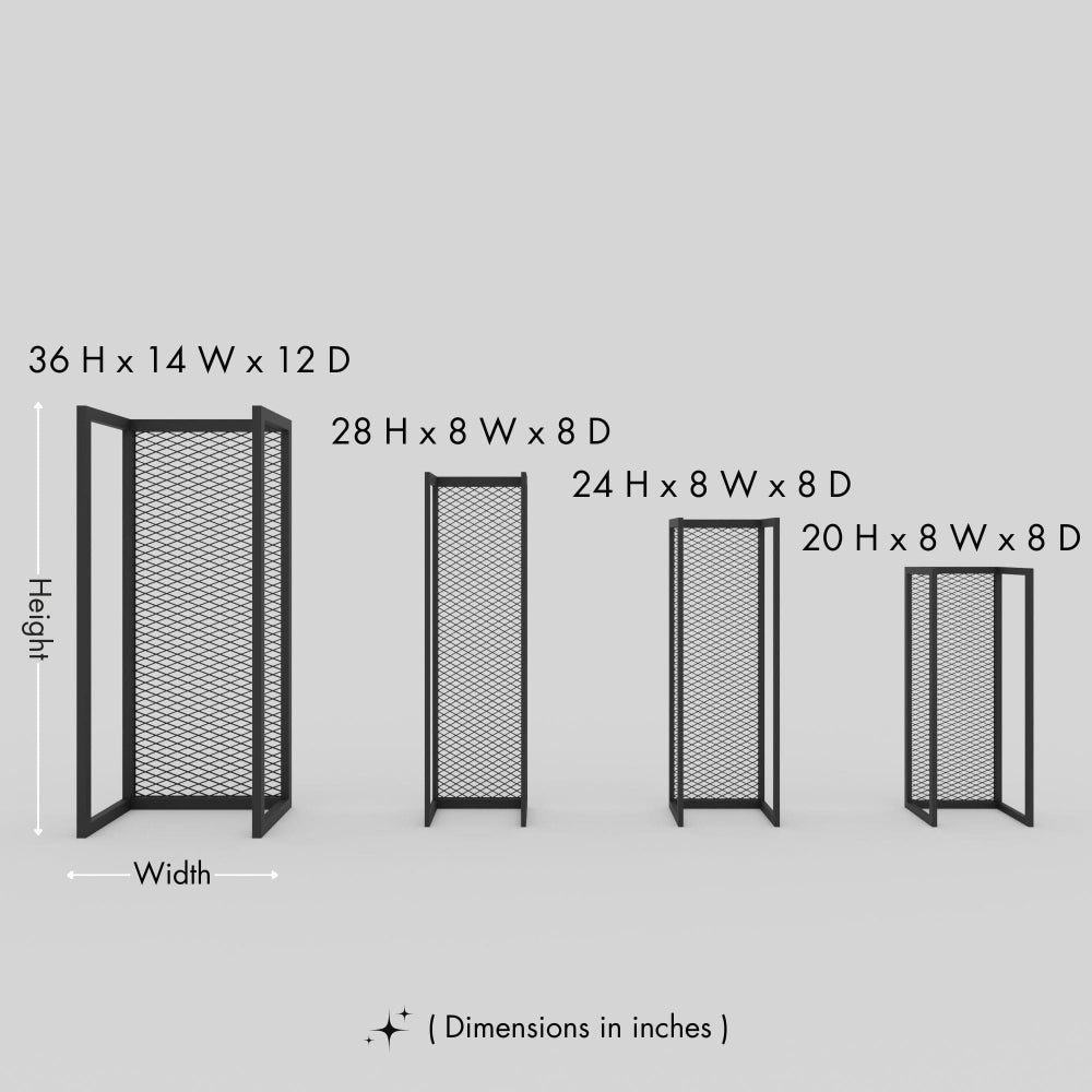 Dimensions of a metal wall-mounted firewood holder displayed in four sizes, with heights ranging from 20 to 36 inches, widths from 8 to 14 inches, and depths of 8 to 12 inches.