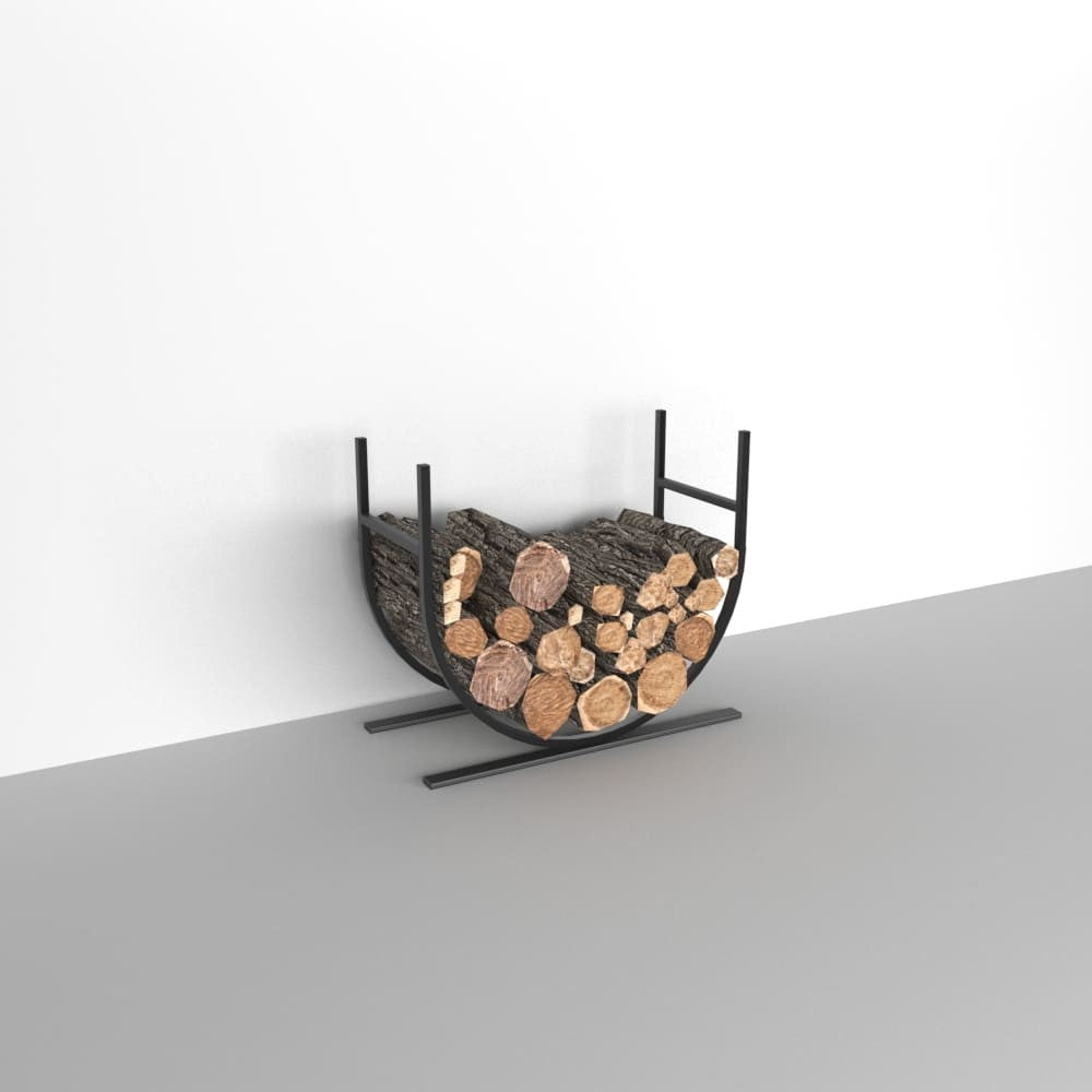 A minimalistic black metal log holder filled with firewood, displayed on a clean gray surface against a white wall 