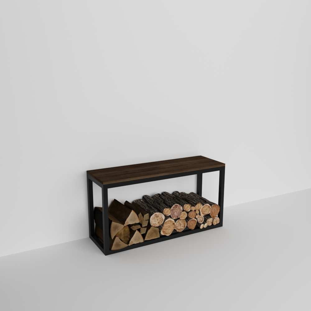 A sleek black metal wood rack with a wooden top, resting against a plain white wall, offering compact and stylish firewood storage