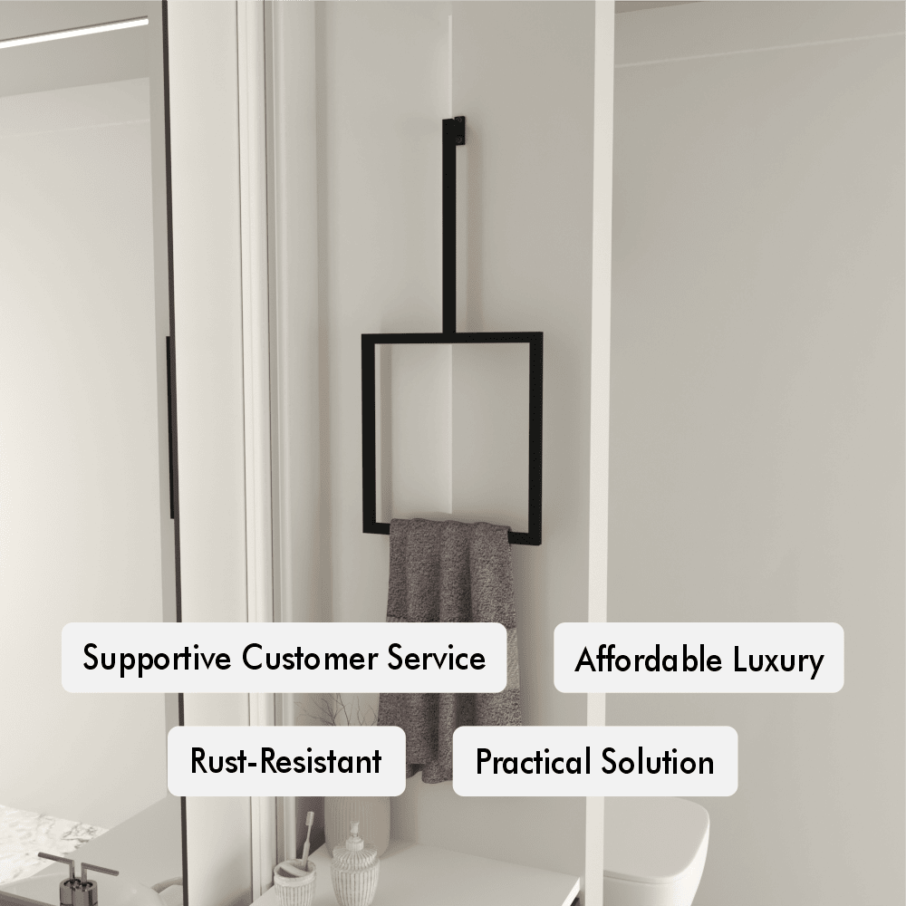 A modern black vertical towel ring is mounted on a white bathroom wall, holding a gray towel. The sleek, minimalist design is complemented by labels highlighting features such as "Supportive Customer Service," "Affordable Luxury," "Rust-Resistant," and "Practical Solution." The setup exudes a contemporary and functional style, making it a practical and elegant addition to any bathroom decor.