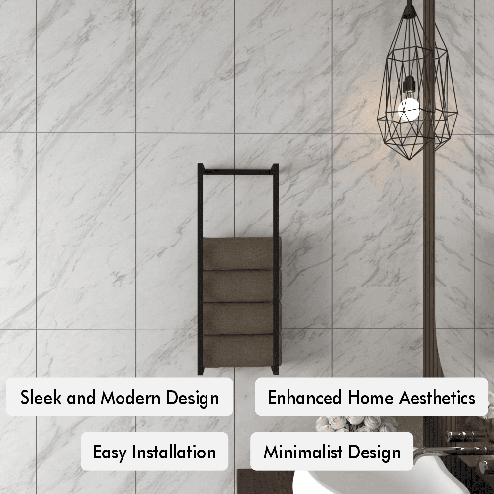 Minimalist design towel rack mounted on a tiled wall, featuring sleek and modern aesthetics. A light fixture with geometric design hangs nearby. Text labels highlight the product's features: Sleek and Modern Design, Enhanced Home Aesthetics, Easy Installation, and Minimalist Design.