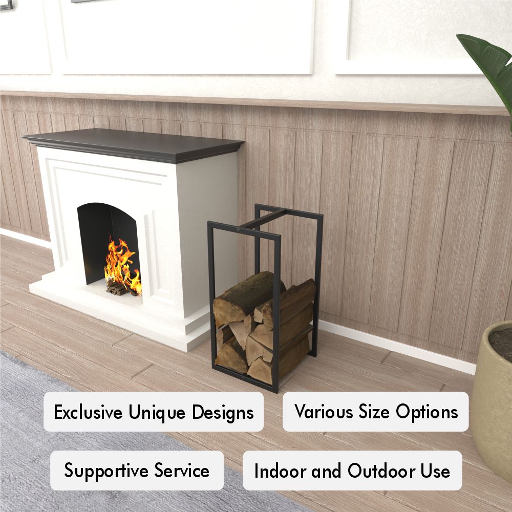 Minimalist log holder with a sleek black metal frame positioned next to a modern white fireplace in a cozy living room. The design features neatly stacked firewood and highlights its versatility, offering various size options, supportive service, and the potential for both indoor and outdoor use.