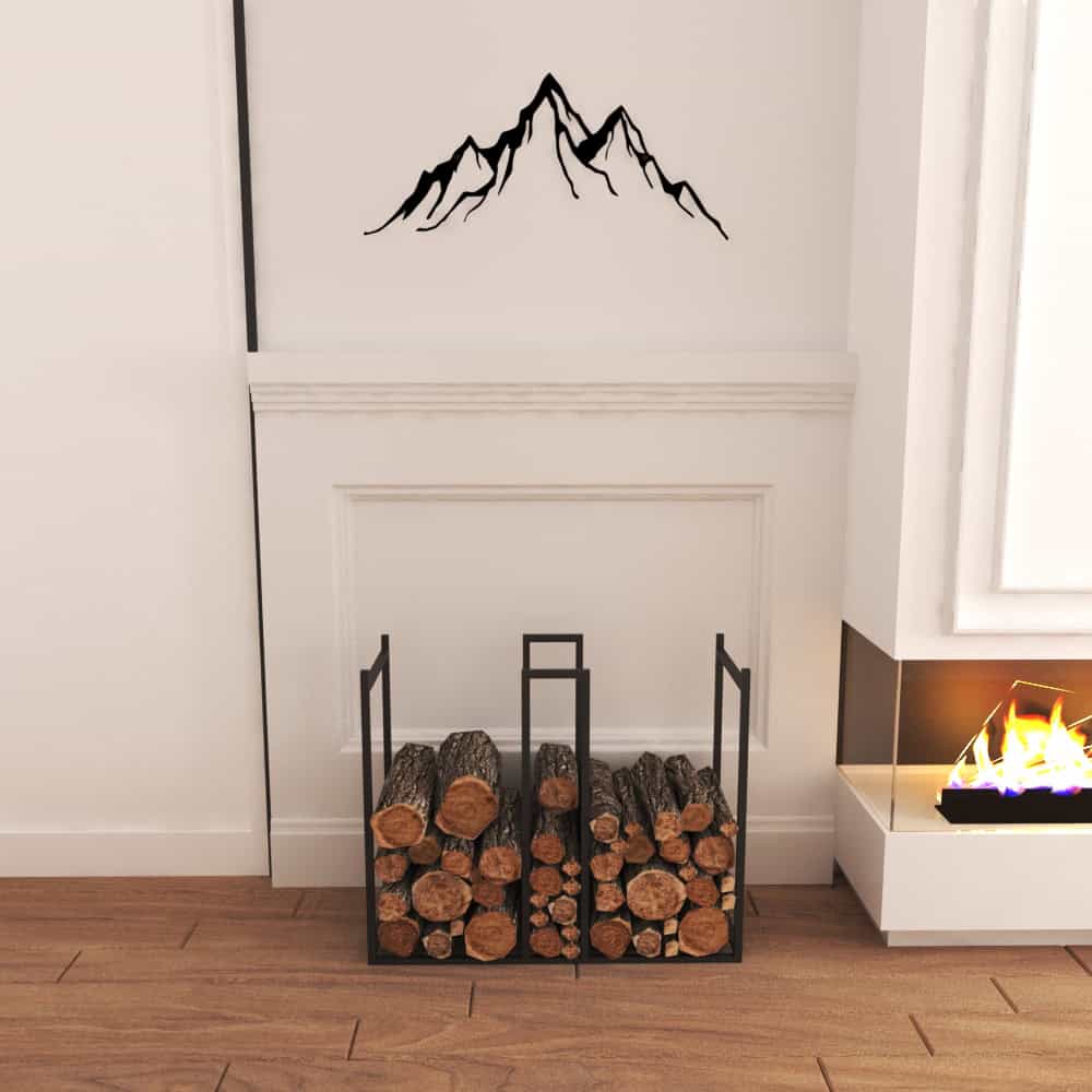 A modern minimalist metal log holder placed in front of a white fireplace, filled with neatly stacked firewood.