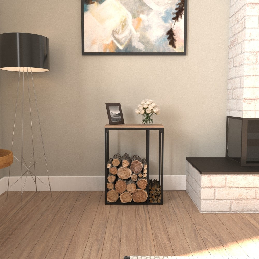 A front view of a minimalist metal log rack filled with stacked firewood, positioned elegantly in a modern living space with soft lighting.